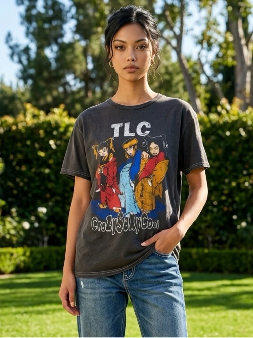 NWT Women’s Black Acid Wash Short Sleeve Tee Shirt TLC Bank Music - Size Large